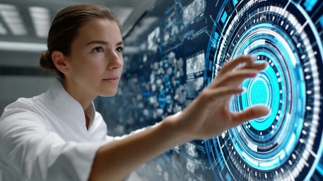 Future Innovation: A focused woman interacts with a holographic interface, hinting at groundbreaking advances in science and technology.