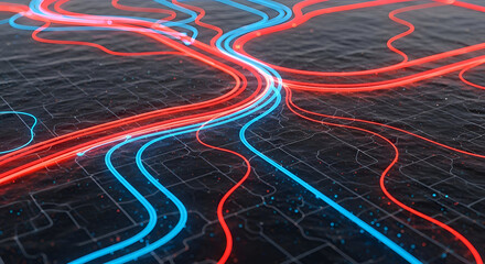 Dynamic network of glowing red and blue data streams flowing through a digital grid, symbolizing information transfer and connectivity in a futuristic landscape.