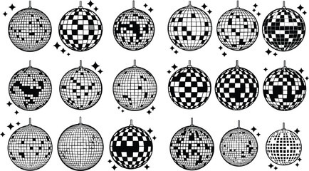 Collection of black and white disco balls with sparkling starbursts mirror ball party