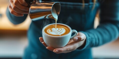 Barista skillfully pouring steamed milk into a cup of coffee to create intricate latte art design.
