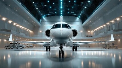 Luxury Air Transport: A sleek private jet awaits in a modern, well-lit hangar. It represents elegance and high-end travel. It captures a sense of modern aviation and sophistication. 