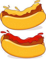 Hot dogs, tasty street fast food for a snack with mustard and ketchup sauces. Sausage sub sandwiches for takeaway meal. Fast food restaurant hot dogs, roasted sausage in bread buns. 