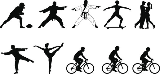 Collection of black silhouettes depicting diverse human activities and sports black and white