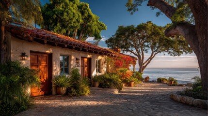 Fototapeta premium A vibrant coastal home with a red-tiled roof wide wooden doors and lush greenery surrounding it The blue
