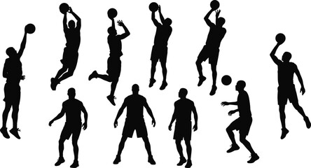 Collection of black silhouettes of male basketball players in various action poses
