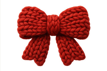 A cozy red handmade knitted yarn bow with a thick, chunky texture, featuring a classic tied knot design for a warm and festive decorative element or gift wrapping accessory