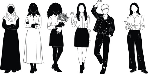 Diverse group of people in black and white line art style diversity women