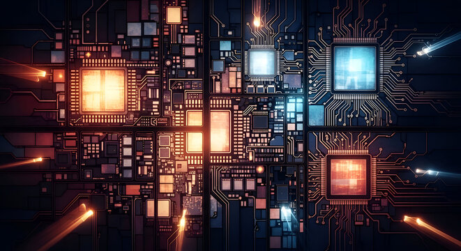 Dynamic digital circuit board pulses with vibrant energy, showcasing complex microchip pathways and glowing data streams for futuristic technology concepts.
