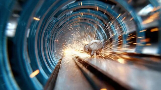 Industrial Spark Show: A high-angle perspective captures the raw power of industry, as sparks fly during a metalworking process inside a cylindrical structure, evoking energy and craftsmanship.