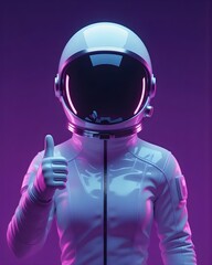 Futuristic woman astronaut model three-quarter pose with thumbs-up gesture