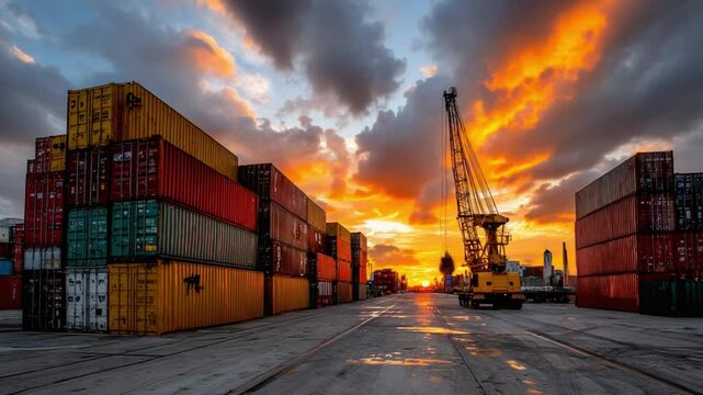 Global Trade Terminal at Sunset: Container stacks rise against a vibrant sunset sky, illuminated by the glow of a setting sun.