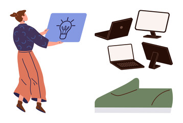 Woman presenting idea with lightbulb graphic alongside laptops, monitor, and notebook. Ideal for creativity, innovation, productivity, tech use, work setup, digital tools simple flat metaphor