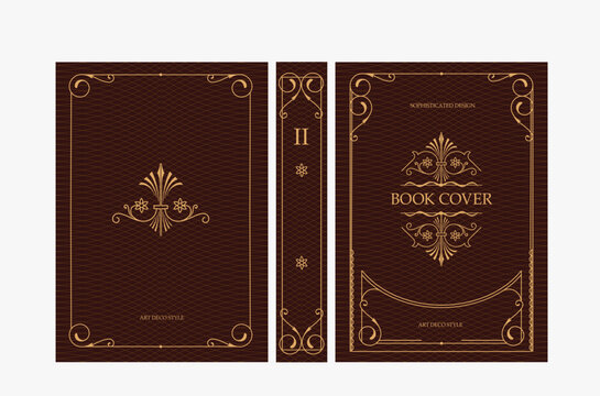 Classic vintage book cover and spine with gold and black art deco, art nouveau ornament, decorative frame, elegant retro style for classic publications, posters, artistic layouts