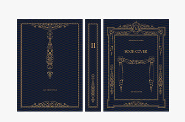Classic vintage book cover and spine with gold and black art deco, art nouveau ornament, decorative frame, elegant retro style for classic publications, posters, artistic layouts