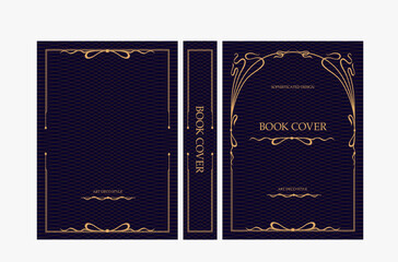 Classic vintage book cover and spine with gold and black art deco, art nouveau ornament, decorative frame, elegant retro style for classic publications, posters, artistic layouts