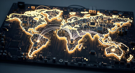 Global network connections illuminate a futuristic circuit board, symbolizing digital communication and worldwide data flow.