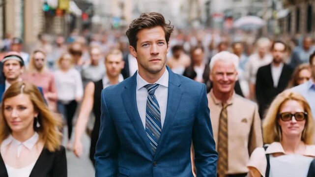 Navigating the Crowd: A confident individual stands out amid a bustling crowd, epitomizing composure, charisma and resolve in a vibrant urban environment.