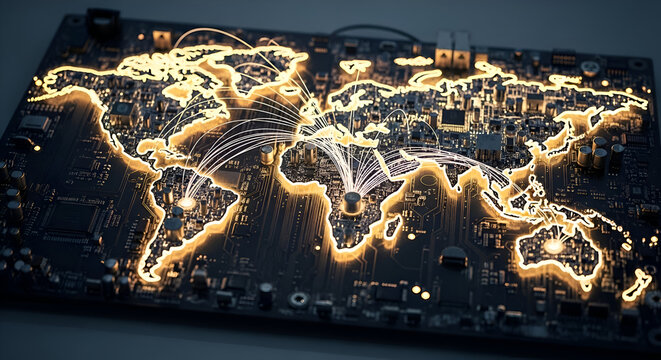Global network connections illuminate a futuristic circuit board, symbolizing digital communication and worldwide data flow.