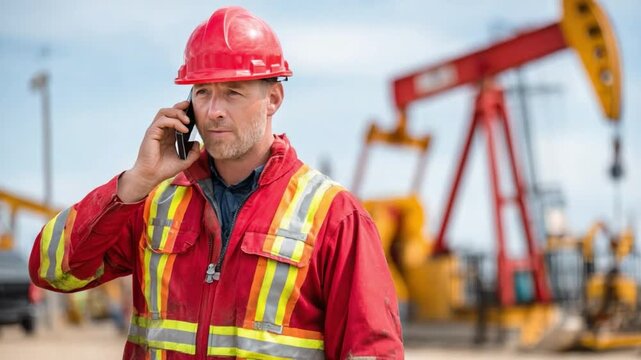 Oil Worker on the Phone: A diligent oil worker, clad in safety gear, engages in a phone call against the backdrop of an active oil field, embodying the essential role of communication in the industry.