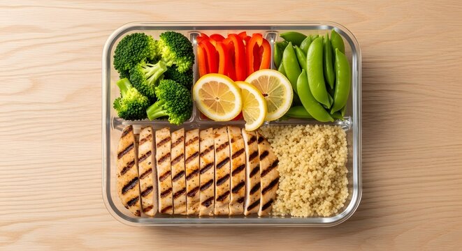 Healthy meal prep lunchbox with grilled chicken, couscous, broccoli, peppers, lemon and sugar snap peas for a nutritious and balanced diet - Powered by Adobe