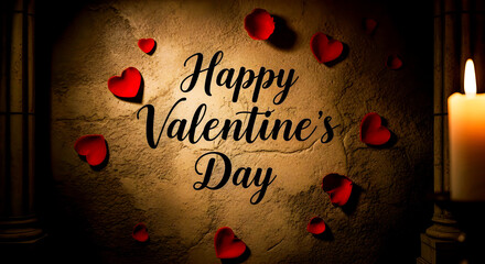 Romantic Valentine's Day Message on Wall with Red Hearts and Candlelight
