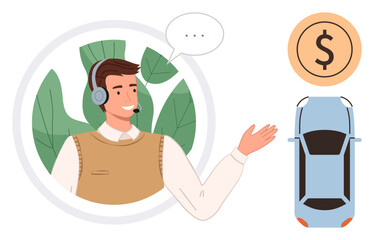 Male customer support agent wearing a headset gestures towards a car and money concept. Ideal for customer service, car sales, financial advice, transportation, online support, communication