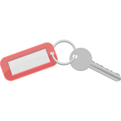 Silver Metal Key Attached To A Rectangular Red Keychain With A White Label On A Transparent Background