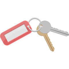 Set of Two Keys Attached to a Red Rectangular Keyring Tag with Blank White Label on a Transparent Background