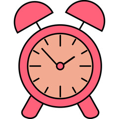 Pink Twin Bell Alarm Clock With Peach Colored Face and Black Hands On A Transparent Background