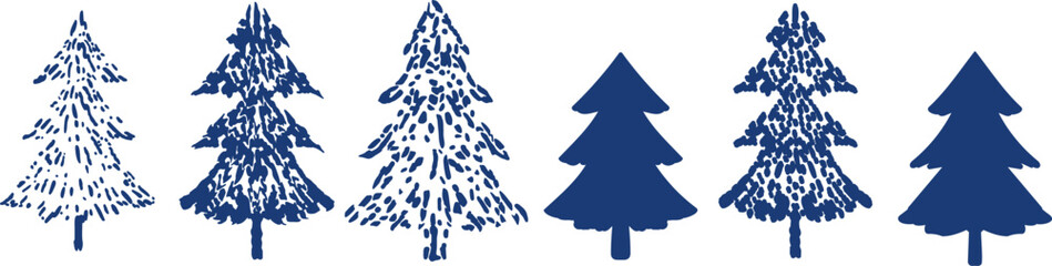 Minimal  Christmas tree set featuring various hand-drawn solid pine tree silhouettes ideal for winter holiday designs, greeting cards, branding, packaging and festive decorations.