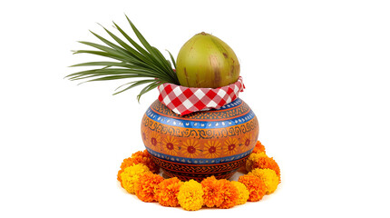 Clay pots decorated with green-coconut and flower for worship