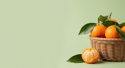 Fresh oranges with green leaves in a wicker basket on a pastel green background. Healthy citrus fruit with copy space for text. Natural food and vitamin C concept