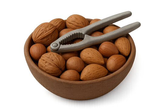 A rustic clay bowl filled with whole walnuts and almonds with a metal nutcracker resting on top, showcasing a healthy and natural snack assortment in a studio setting