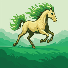 A stylized 2D vector illustration of a galloping golden horse with a flowing green mane and tail. The character is shown running across fresh spring fields, symbolizing the dynamic energy of March and