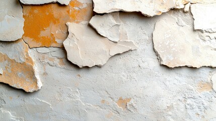 Close-up view of a textured wall with peeling plaster revealing an orange undercoat. The surface shows cracks and layered materials, suggesting age and decay.
