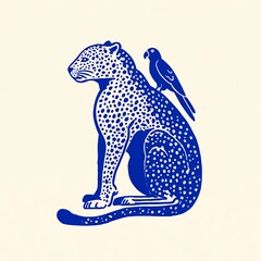 Fototapeta premium leopard and bird illustration in blue ink