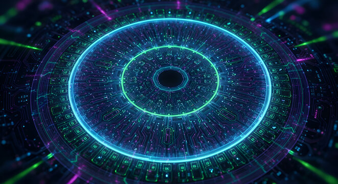 Dynamic digital circuitry pulses with vibrant neon energy, representing futuristic technology and complex data streams in a stunning abstract visual.