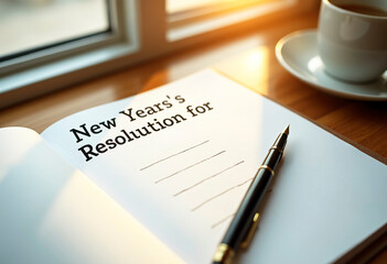 There is a notebook with New Year's wishes and a pen on the table, the first page is titled New Year's resolutions, there is a place for text to indicate the year.