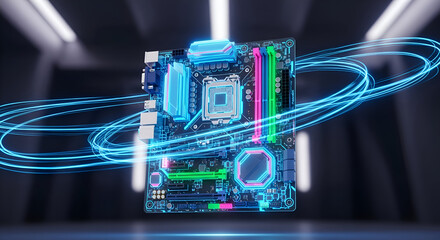 Dynamic glowing motherboard with futuristic blue light trails symbolizes advanced technology and high performance computing power