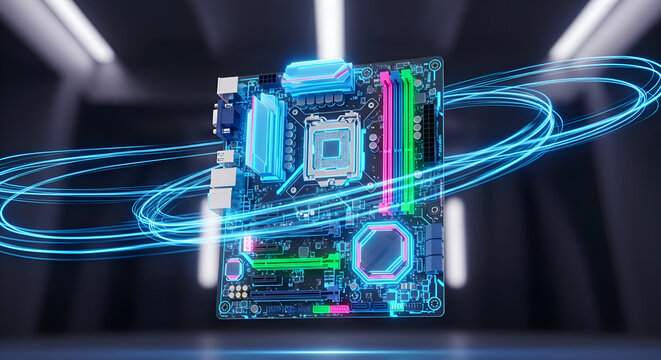 Dynamic glowing motherboard with futuristic blue light trails symbolizes advanced technology and high performance computing power - Powered by Adobe