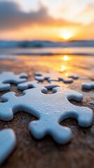 Scattered white puzzle pieces lie on a sandy beach with gentle waves and a vibrant sunset in the background.