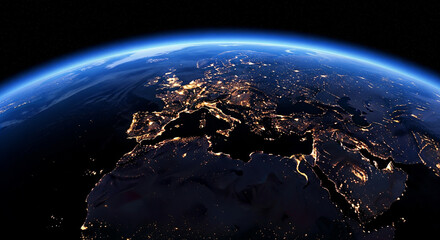 A breathtaking night view of Earth from space, featuring Europe, the Mediterranean, and the Middle East aglow with city lights, ideal for themes of geography, and urban development