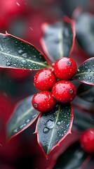 Close-up of vibrant red holly berries and dark green leaves covered in glistening water droplets. The background is a soft, blurred red, creating a moody and fe