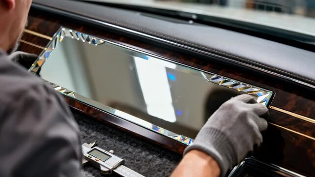 Artisan fitting beveled mirror panel attachment on elegant dashboard emphasizing decorative angled edges and light refraction details.