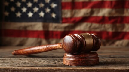Wooden Judges Gavel Resting on a Wooden Surface in Front of the United States Flag Backdrop