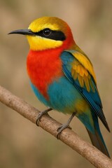  Vibrant Yellow, Red, and Blue Bee-Eater Bird Perched on a Branch - Tropical Wildlife Portrait