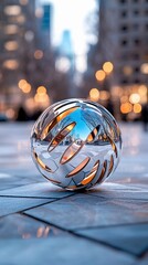 A metallic, hollow sphere sits on a tiled pavement, reflecting a blurred city skyline with bokeh lights. Outdoors, daytime.