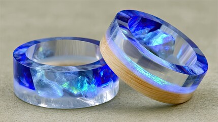 Two handcrafted rings, one made of wood and clear resin with blue inclusions, the other entirely of clear resin with blue and white inclusions, are displayed on