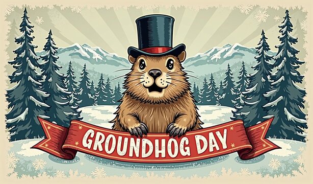 Groundhog day celebration with winter landscape and top hat in retro style