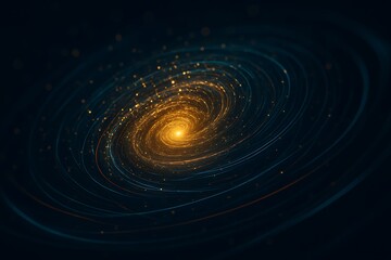 Glowing spiral galaxy of golden light particles, abstract visualization of cosmic energy, universe and deep space